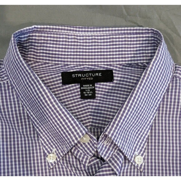 Structure Size Large Mens Shirt Lightweight Button Fitted Purple Check LS 16 - Picture 3 of 6